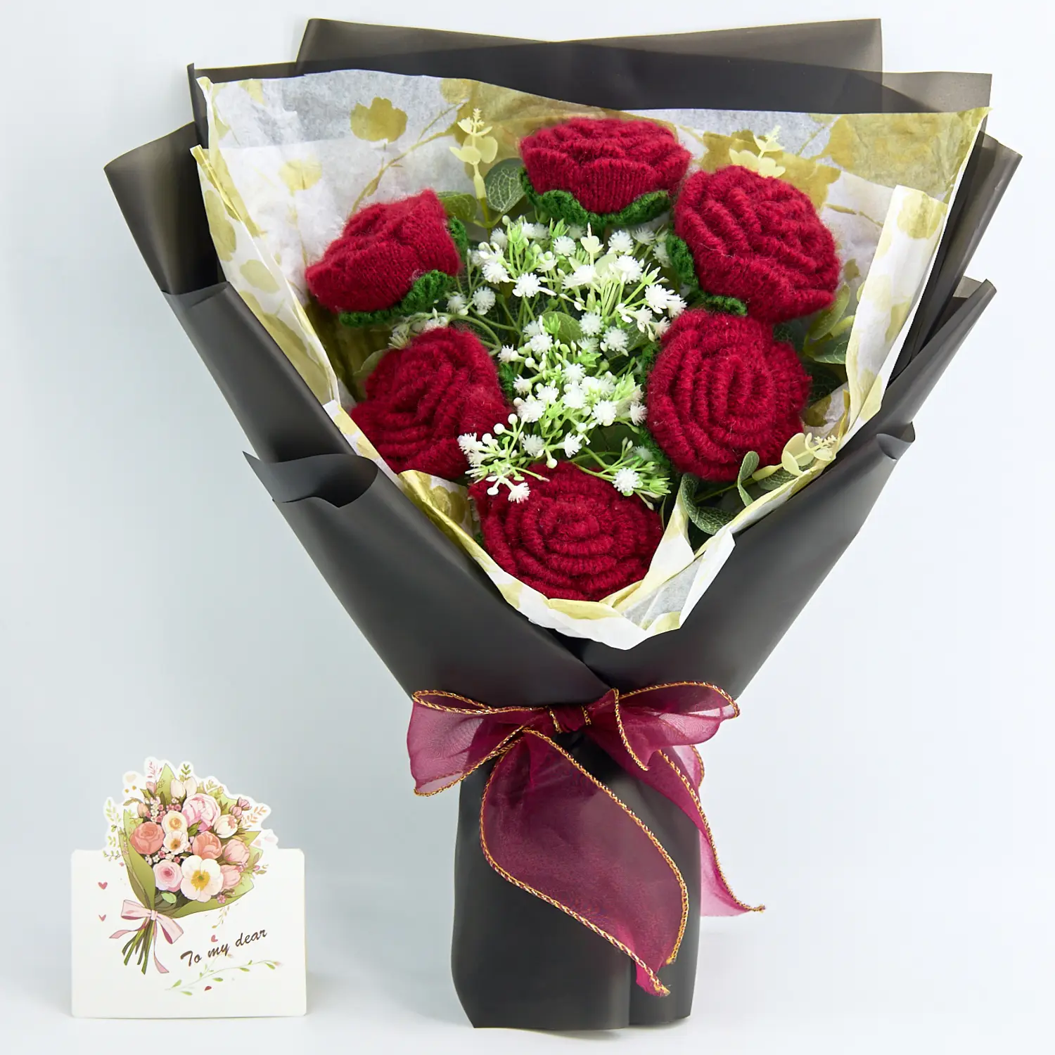 Handmade Crochet Flowers Bouquet Red Roses White Baby’s Breath Gift for Girlfriend Birthday Wedding Anniversary Just Because Graduation Gift for Her with Greeting Card Forever Flowers Elegant Home Decor US Fast Shipping