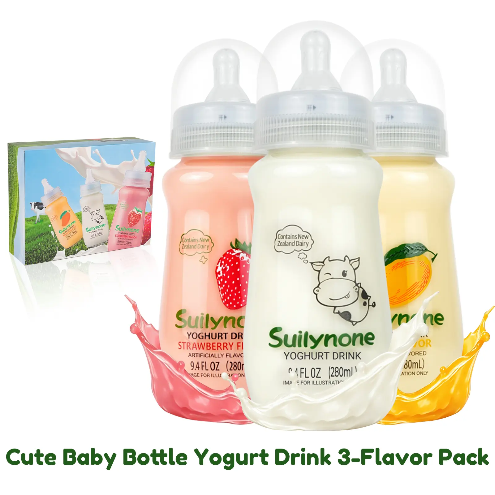 SUILYNONE Yogurt Drink Gift Set - 3 Flavors (Strawberry, Mango, Original) Fermented Lactic Acid Bact Fruity Yoghurt - 280ml Reusable Cute Glass Bottle with Playful Baby Bottle Lids - Ambient Shelf-Stable Novelty Food