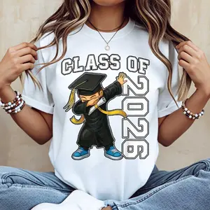 Graduation Dabbing Girl Class Of 2026 Print Tshirt White Crewneck Casual Tee For Graduation Celebration