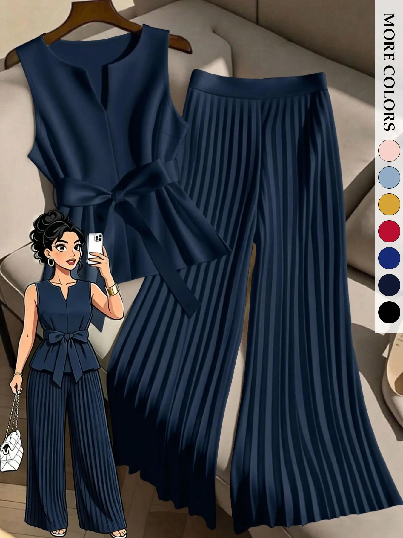 Women's Plus Size Trendy Chic Fashion 2 Piece Outfit, Sleeveless Top & Pleated Wide Leg Pants Set, Tie Waist V-Neck Plisse Flowy Elegant Office Workwear