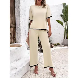 Women's Solid Color Short-Sleeve Knit Set - Chic Everyday Style Apricot Basic Co-ord Comfort Wear for Lounging & Casual Outings loungewear(gift)