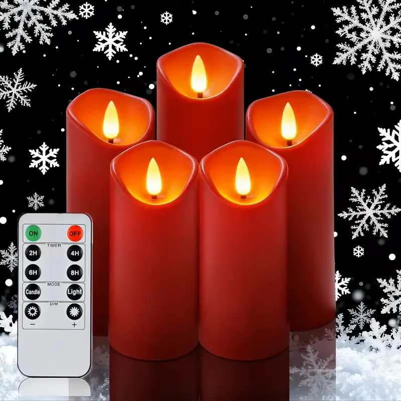 Christmas Holiday Decorative Candles with Remote Control - 5-Pack Red LED Candles for Festive Atmosphere and Easy Operation