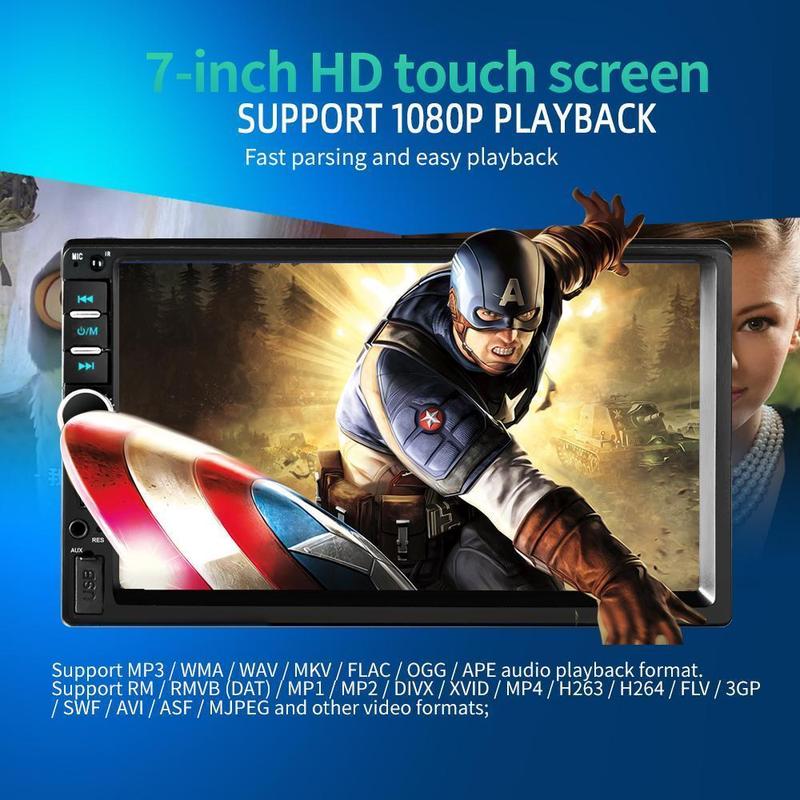 Dual Din Car Audio 7 Inch Touch Screen with Bluetooth Reversing Camera, USB, AUX, Auto Radio, MP5, MP4, MP3, MP3 Player, 12LED Rear Camera