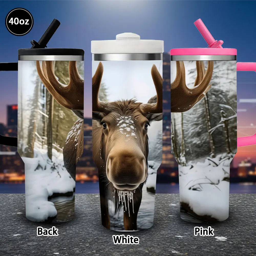 40 oz Majestic Elk Vacuum Flask Tumbler with Lid and Straw, Winter Insulated Travel Coffee Cup for Iced/Hot Drinks, Snowy Forest Design, Birthday Gifts for Adults, Ideal for Valentine’s Day-Easter, Kitchenware Drinkware