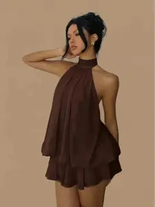 LikeMyChoice Halter Neck Tiered Ruffle Chiffon Mini Dress (Multiple Colors/Prints)