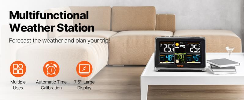 VEVOR Weather Station Indoor Outdoor,  7.5 in Large Color Display, Wireless Digital Home Weather Station, with Sensor Atomic Clock Adjustable Backlight Forecast Data Calendar Alarm Alert Temperature