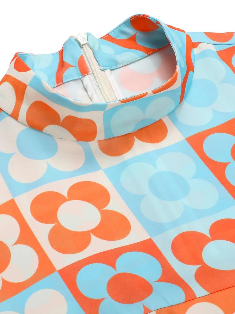 ORANGE & BLUE 1960S FLORAL STAND COLLAR DRESS Bohemian Summer Outfit Casual Everyday Wear