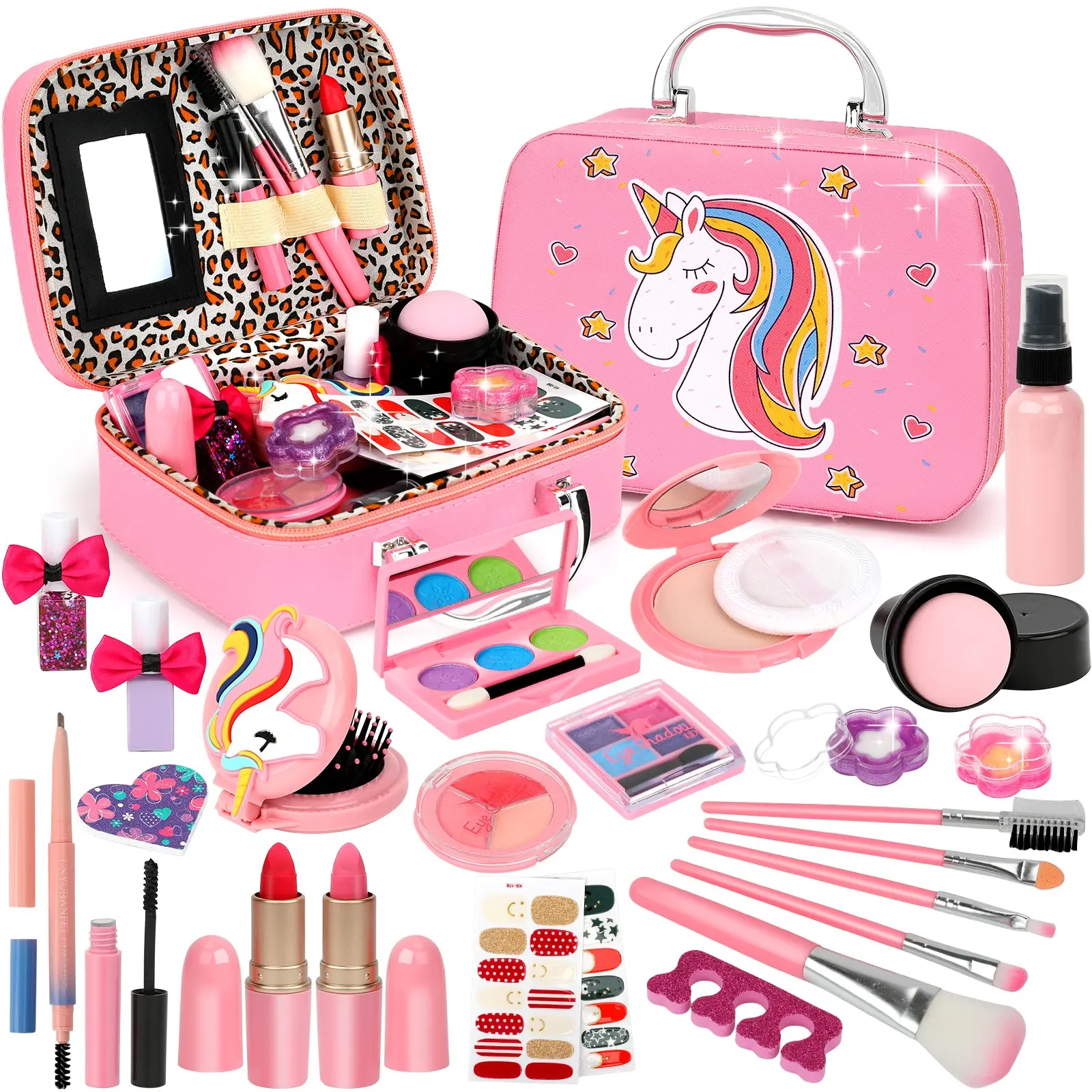 25 PCS Washable Kids Makeup Kit for Little Girls, Safe Non-Toxic Real Makeup Set with Case & Mirror, Includes Nail Polish, Lipstick, Toddler Cosmetics for Princess Dress Up, Pretend Playset Toys for 3-12 Year Old Girls, Christmas Birthday Gifts