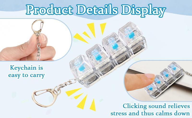 4 Pack Mechanical Keyboard Keychain Decorations with LED Glowing Lights, Stress Relief Fingertip Clicker with Transparent Crystal Keycaps, Fingertip Fidget Toys and Fun Pendant for Boys, Girls and Adults, New Year's Day Gifts, Valentine's Day Gifts