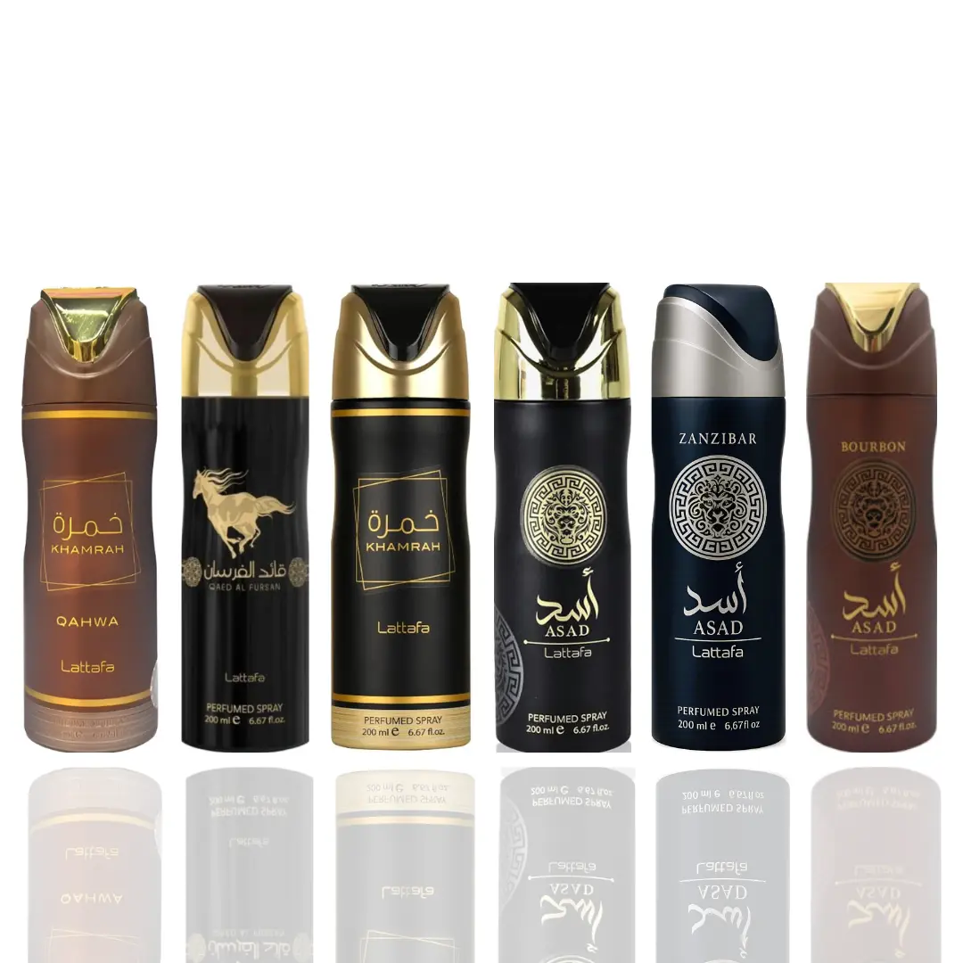 Lattafa Unisex Scented Body Care Deodorant 6-Piece Bundle - Khamrah Qahwa, Qaed Al Fursan, Khamrah, Asad (Zanzibar, Bourbon) with Coffee, Bergamot, Jasmine, Vanilla, Pineapple, Spice Notes