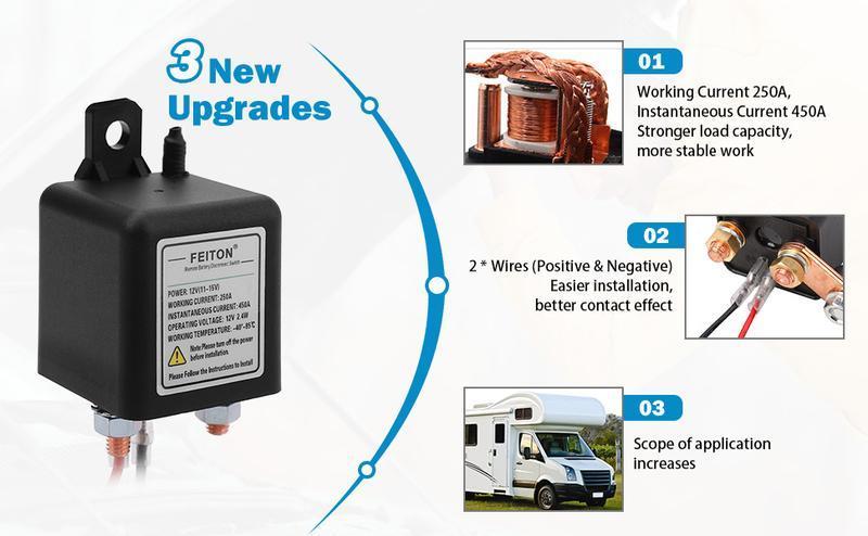 Remote Battery Disconnect Switch 12V Battery Kill Switch 250A Anti-Theft Isolator with Remote Control and Battery Negative Cut Off Function Convenient