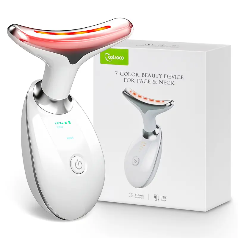 Cotsoco 7-Color Facial & Neck Massager, USB Rechargeable Red Light Therapy Device with Heat, Vibration, Auto Shut-Off, Facial Care Tools for Women