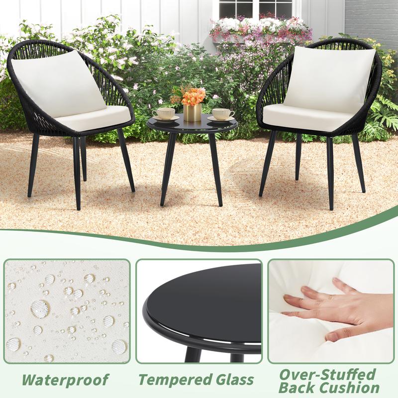 3-Piece All-Weather Bistro Set – Woven Rope Chairs with Cushions & Side Table, Modern Black Patio Set for Balcony, Poolside & Outdoor Lounging