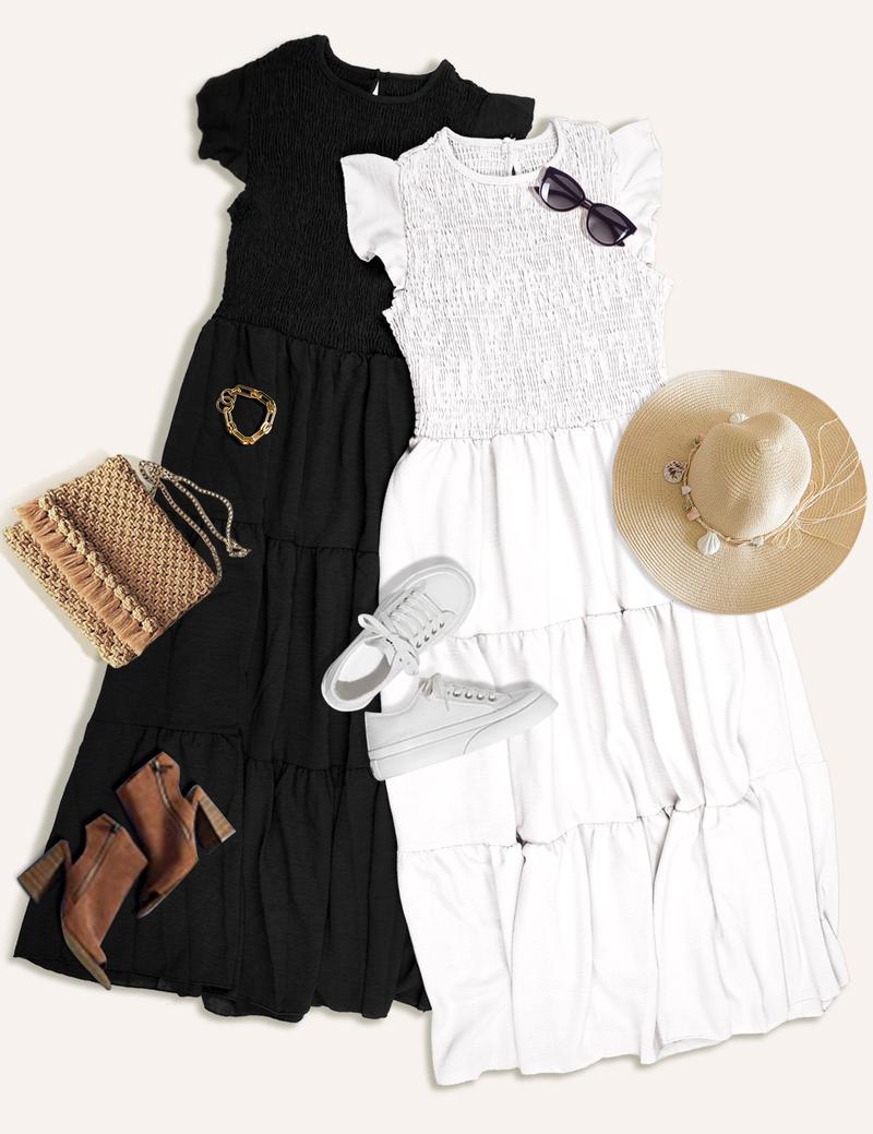 UMIPUBO Summer Flutter-Sleeve Ruched Layered Maxi Dress Casual Womenswear Summer Basic Minimalist