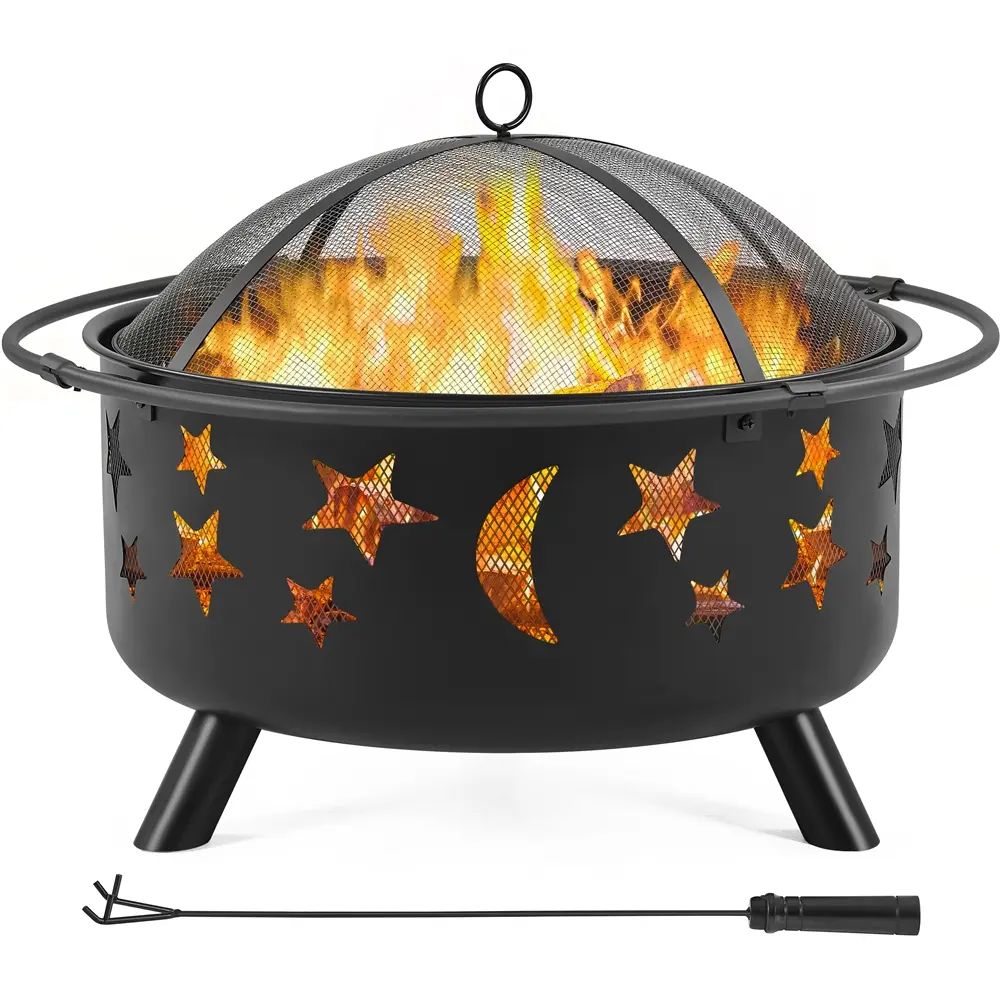 Yaheetech 36 Inch Heavy Duty Outdoor Fire Pits, Rustic Round Solid Metal Wood Burning Bowl with Diamond Cutouts for Garden & Bonfire Nights, Includes Spark Screen, Poker & Cover, Fire Pit Set, Solid Metal Body Resists Daily Wear, Heavy Duty Firepit, Diamo