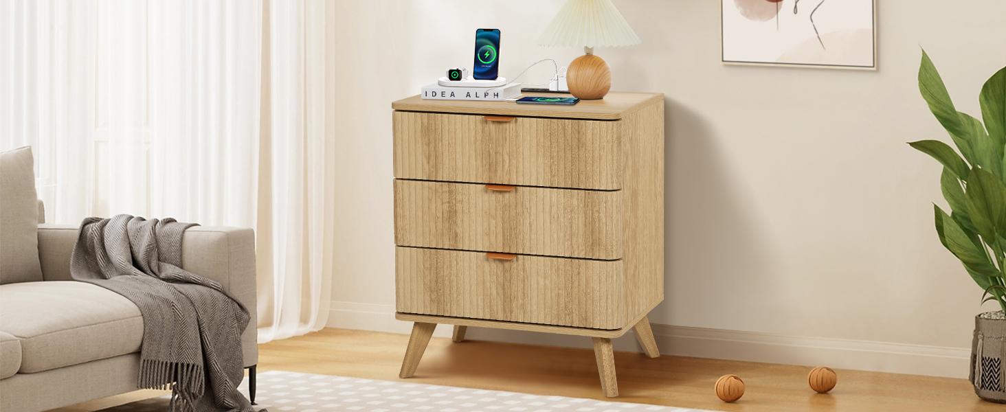 Giratree  3 Drawer Farmhouse Nightstand Set of 2 with Charging Station, Mid Century Modern Wide Nightstand with Drawers, Fluted Nightstand Dresser for Bedroom Bedside Table, Living Room End Table with Storage