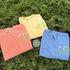 Embroidered Flower Pocket T-Shirt Comfort Colors Floral Gift Spring Wildflower Top Unisex
