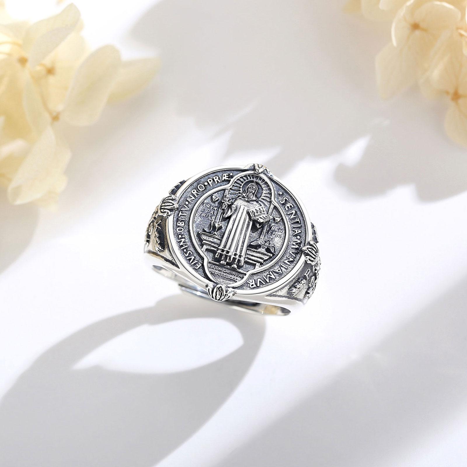 Eudora S925 Sliver Vintage Saint Benedict Ring, Adjustable St.Benedict Open Ring, Unisex Band with Benedictine Cross & Latin Inscriptions, Christian Jewelry Gift