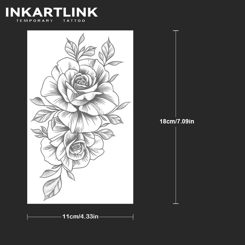 INKARTLINK Tattoo Tech, 2 Sheets Semi-Permanent Temporary Tattoos ,Rose 2,Adult Art Design,Lasts 1-2 Weeks, Waterproof, Realistic Look, No Adhesive, No Reflection,For Man And Woman,Ideal for Swimming, Party