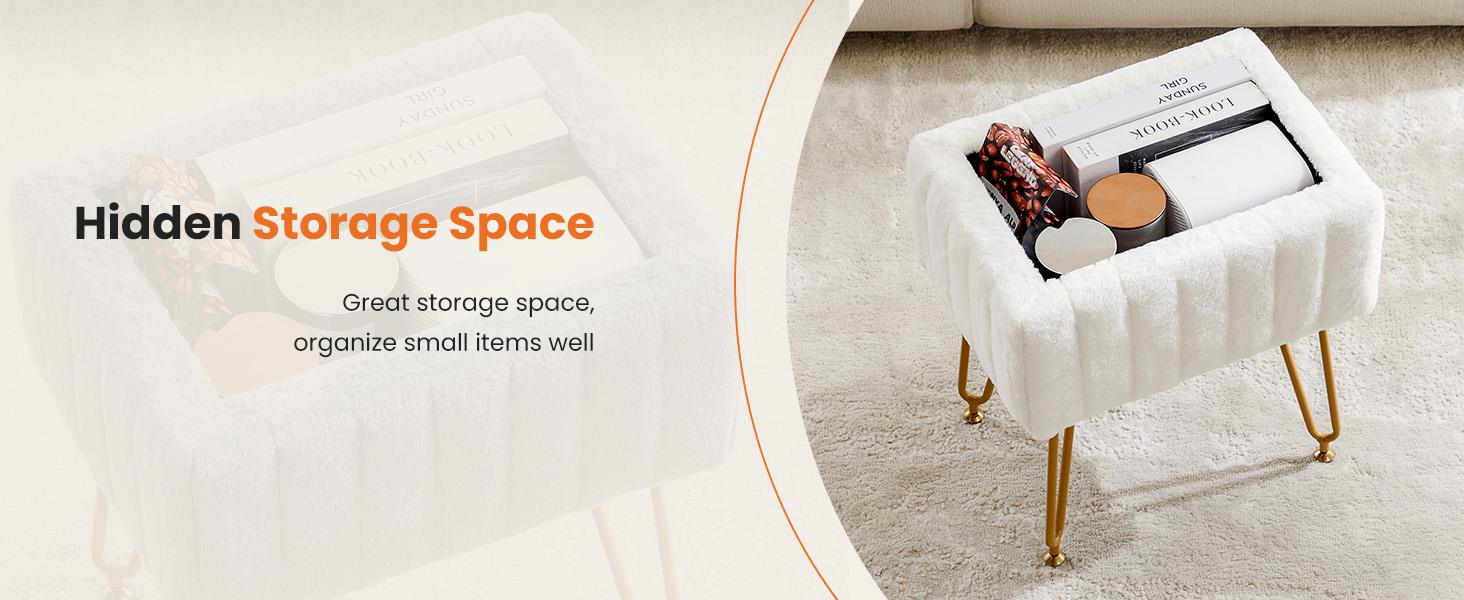 Sweet Furniture F Faux Fur Vanity Stool with Storage, Soft Padded Makeup Footstool Ottoman Seat with Metal Legs, Footrest for Bedroom and Entryway, Adjustable Feet Included