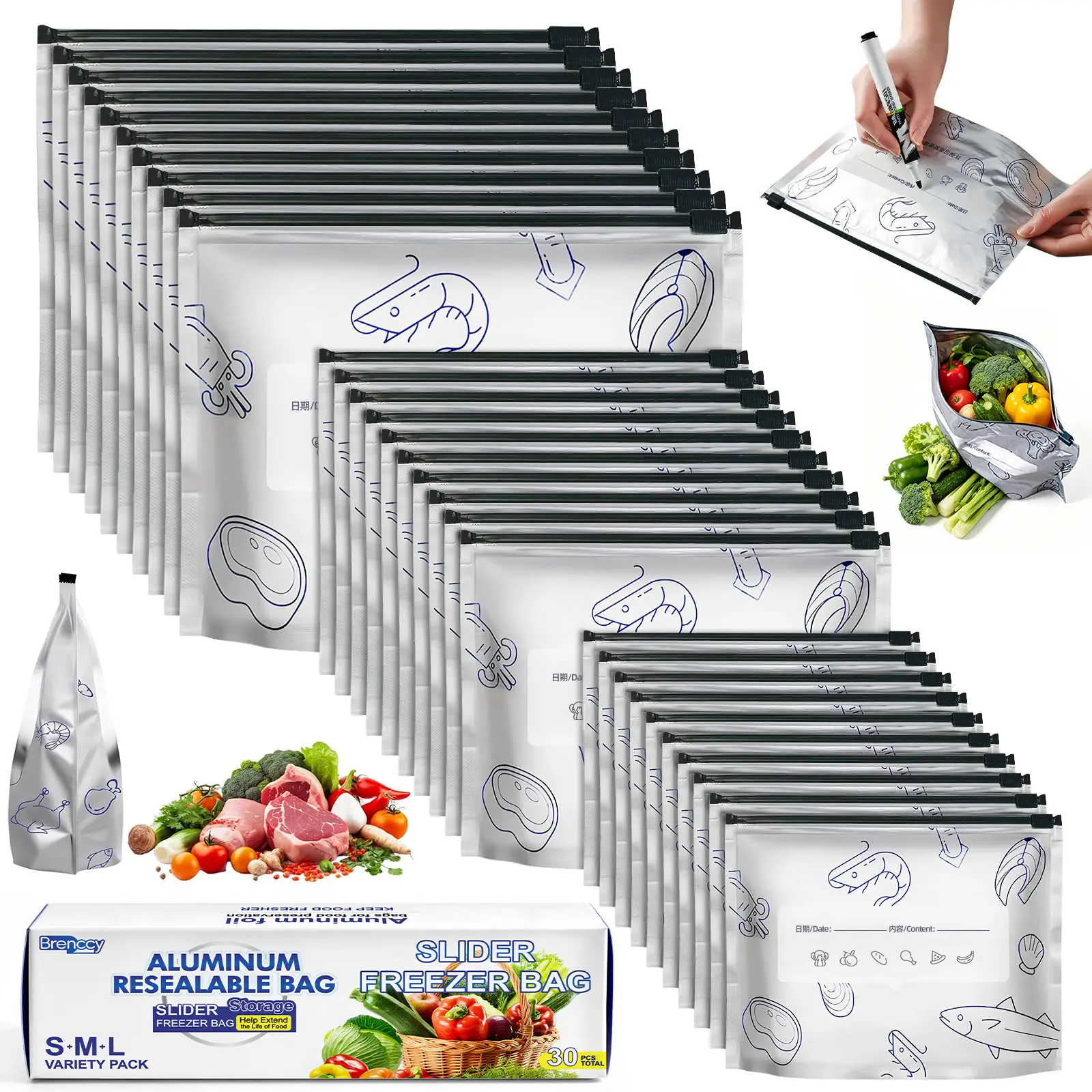 30PCS Reusable Aluminum Foil Sealable Storage Bags, 2026 Upgraded Reusable Aluminum Foil Freezer Bags with Label and Upgraded Zipper for Meat and Seafood, 1Boxes 30Pcs Total  | Aluminum Foil (boxed)