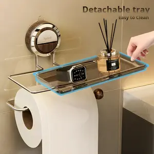 (Attention installation Environment)3-Second One-Touch Installation Stainless Steel Suction Cup Toilet Paper Holder with Shelf, Walnut Wood Accent No-Drill Bathroom Tissue Holder Waterproof & Rust-Resistant Modern Luxury Bathroom Decor