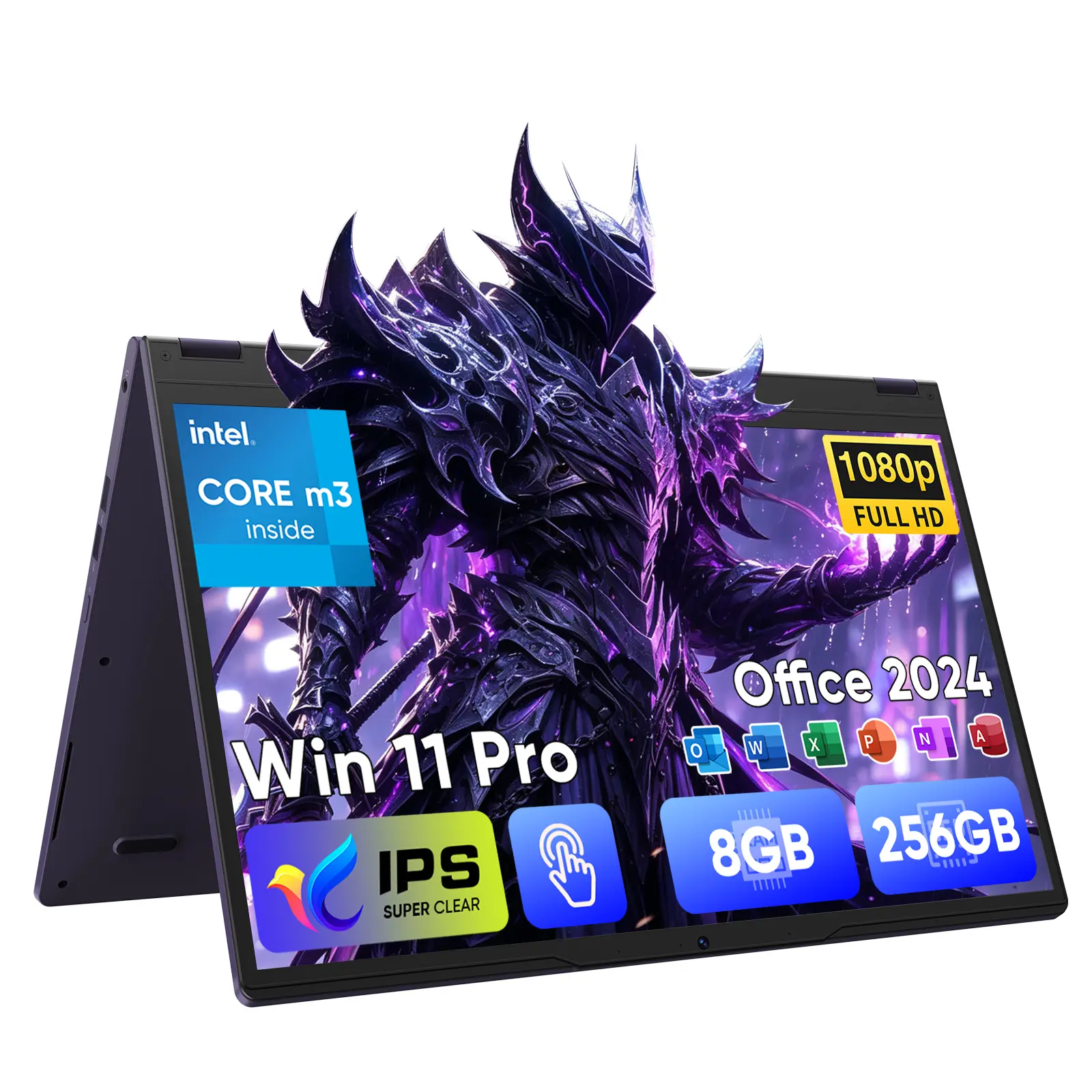 15.6 Inch 2-in-1 Touchscreen Laptop, Core m3-8100Y, 8GB RAM, 256GB SSD, FHD Display, 360° Convertible Notebook with Windows 11 Pro, Built-in Office Suite 2024, WiFi5, BT5, HDMI