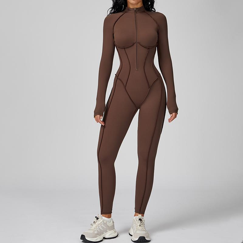 Womens Contour Seams Long Sleeve Padded Workout Jumpsuit Zip Up Tummy Control One Piece Bodycon Yoga Rompers Fitness Sport Outfits Athletic Style Activewear