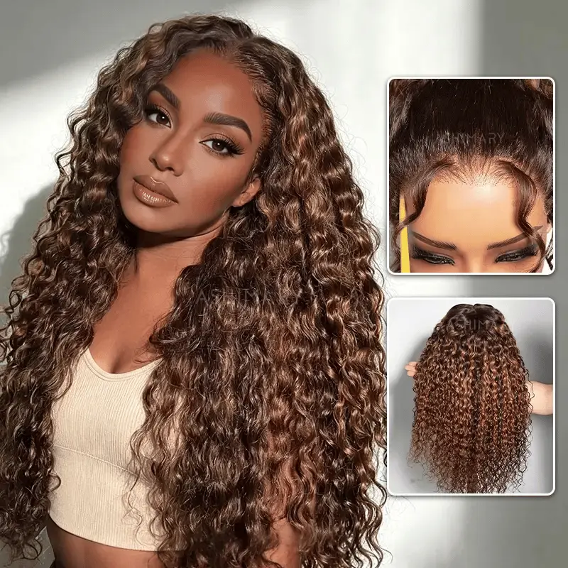 Brown Highlight Ombre 6x4.5 Lace Glueless Water Wave Wig Pre-Everything Salon Style Wig Brown Highlight Ombre 6x4.5 Lace Glueless Water Wave Wig Pre-Everything Salon Style Wig