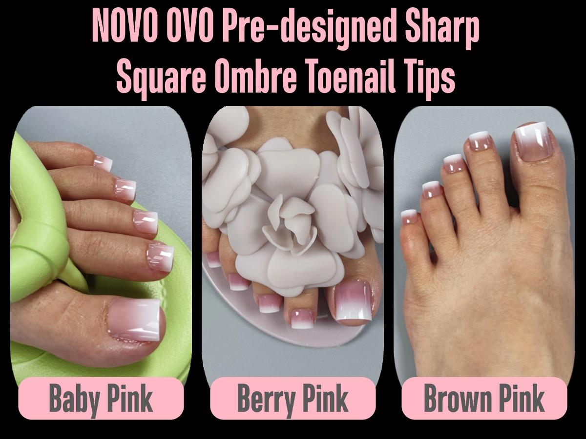 NOVO OVO Ombre French Tip Press on Toe Nail Tips, Sharp Square Pre-Designed Soft Gel False Toenail Extension, BERRY PINK Pre-applied Tip Primer & Base Coat, Full Cover Acrylic DIY x 15 Sizes 240 pcs