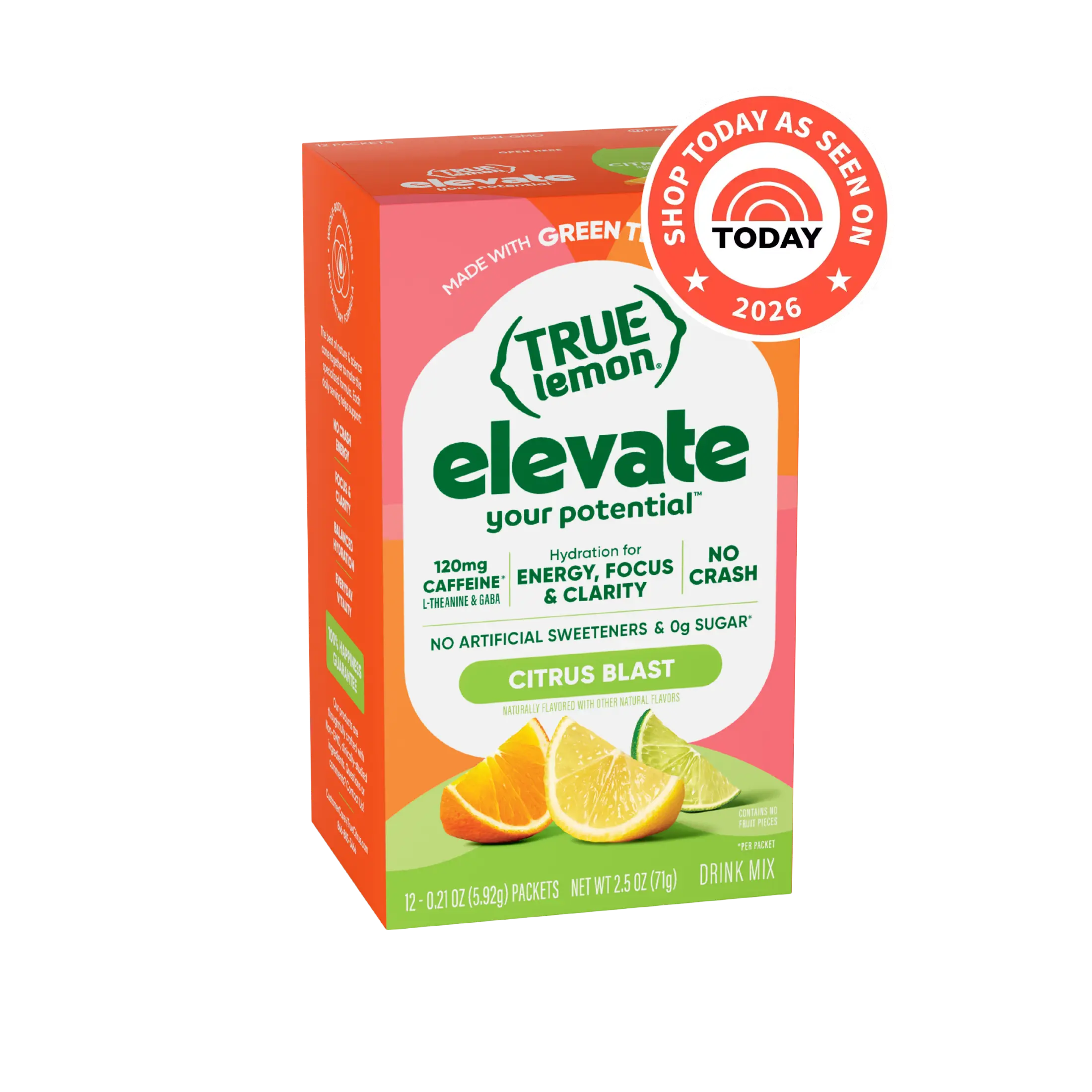 True Lemon Elevate Citrus Blast Drink Mix | Green Tea Caffeine + Electrolytes | 0g Sugar, No Artificial Sweeteners