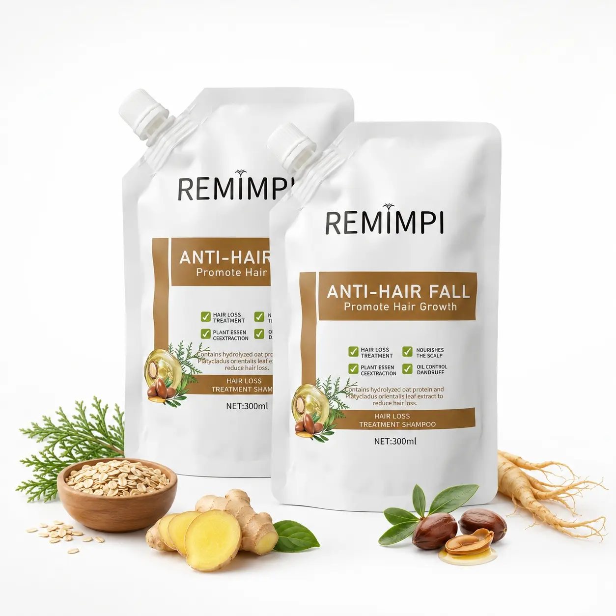 REMIMPI Anti Hair Loss Shampoo Buy 1 Get 1 Free | 2 × 300ml Soft Pouch Herbal Hair Growth Shampoo with Biota Orientalis, Ginger & Ginseng | Thickening, Strengthening & Scalp Nourishing Formula for Men & Women, Reduces Hair Fall & Breakage
