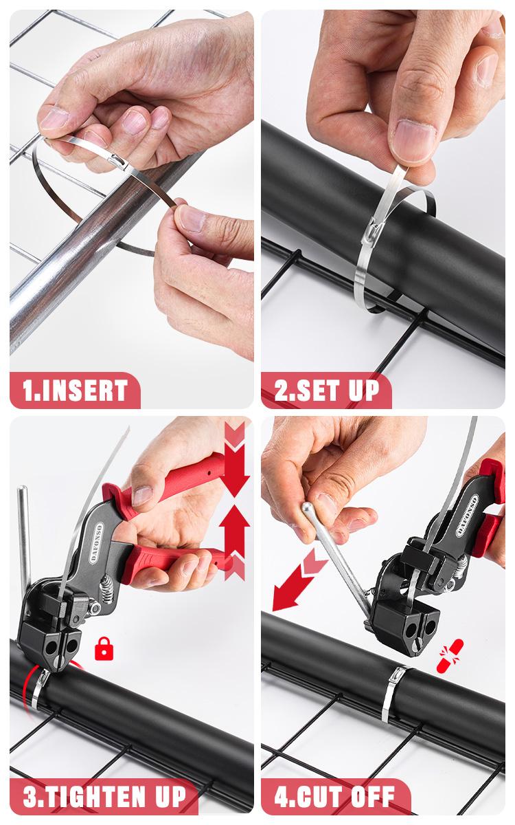 DAFONSO Heavy Duty 304 Stainless Steel Cable Tie Gun Kit-150PCS Metal Zip Ties (3 Sizes), Tensioning/Cutting Tool for Fencing, Chicken Coop, Cable Bundling, Exhaust Repair & Structural Reinforcement