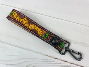 Triple Sunflower Cactus Tooled Wristlet Leather Keychain