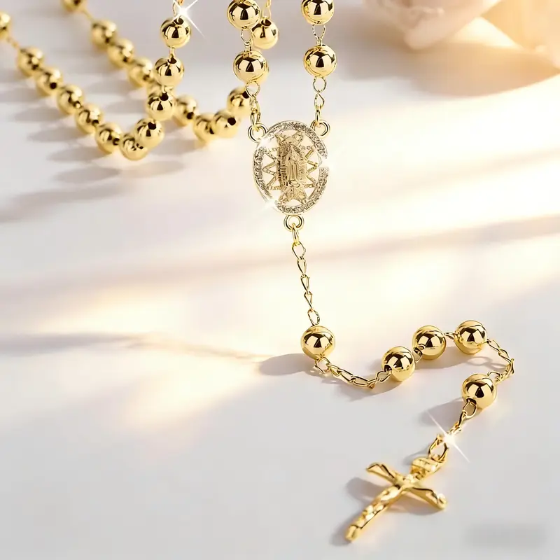 Fashion Hollow Virgin Guadalupe Pendant Prayer Bead Necklace Cross Gold-Plated 6Mm Round Bead Sacred Religious Jewelry Holiday Gift Blessings