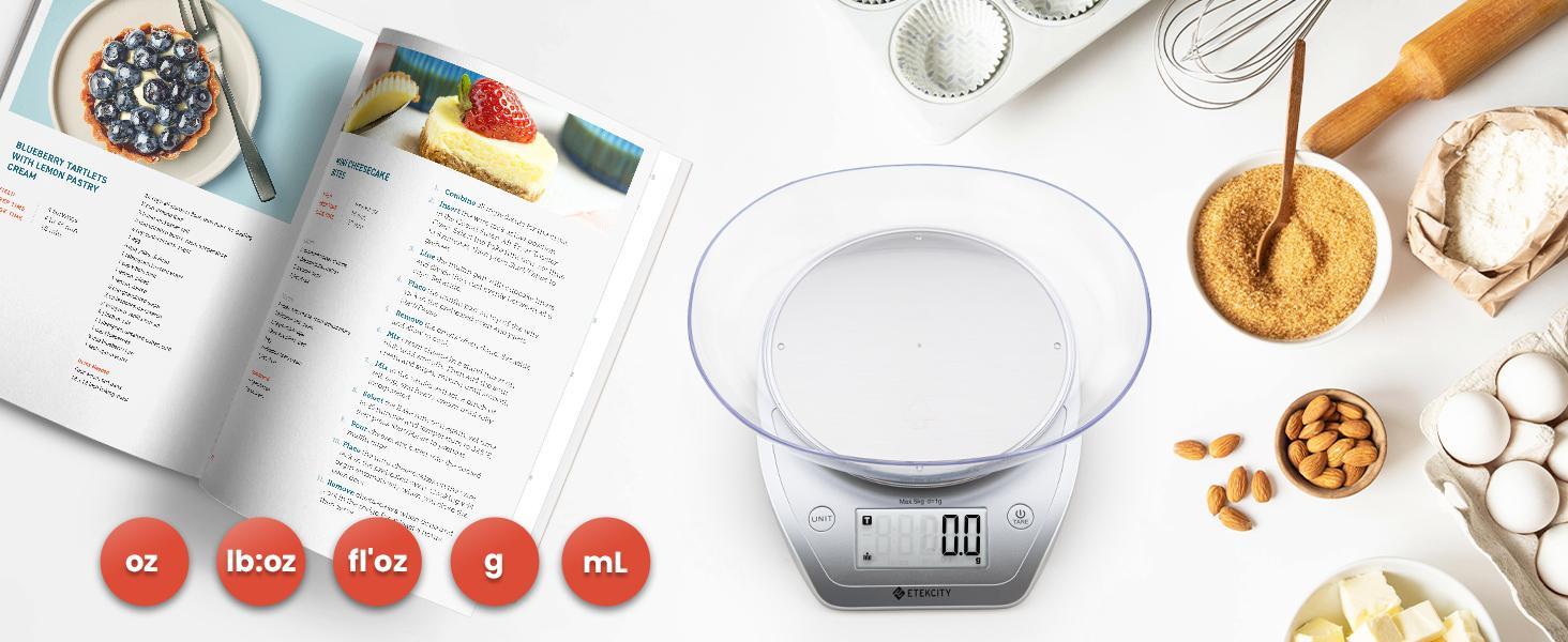 Etekcity Food Kitchen Coffee Scale with Bowl, 11lb/0.1g, Digital Weight Grams and Oz, Baking, Cooking, Dieting, and Meal Prep, 5kg, Stainless Steel, EK5250