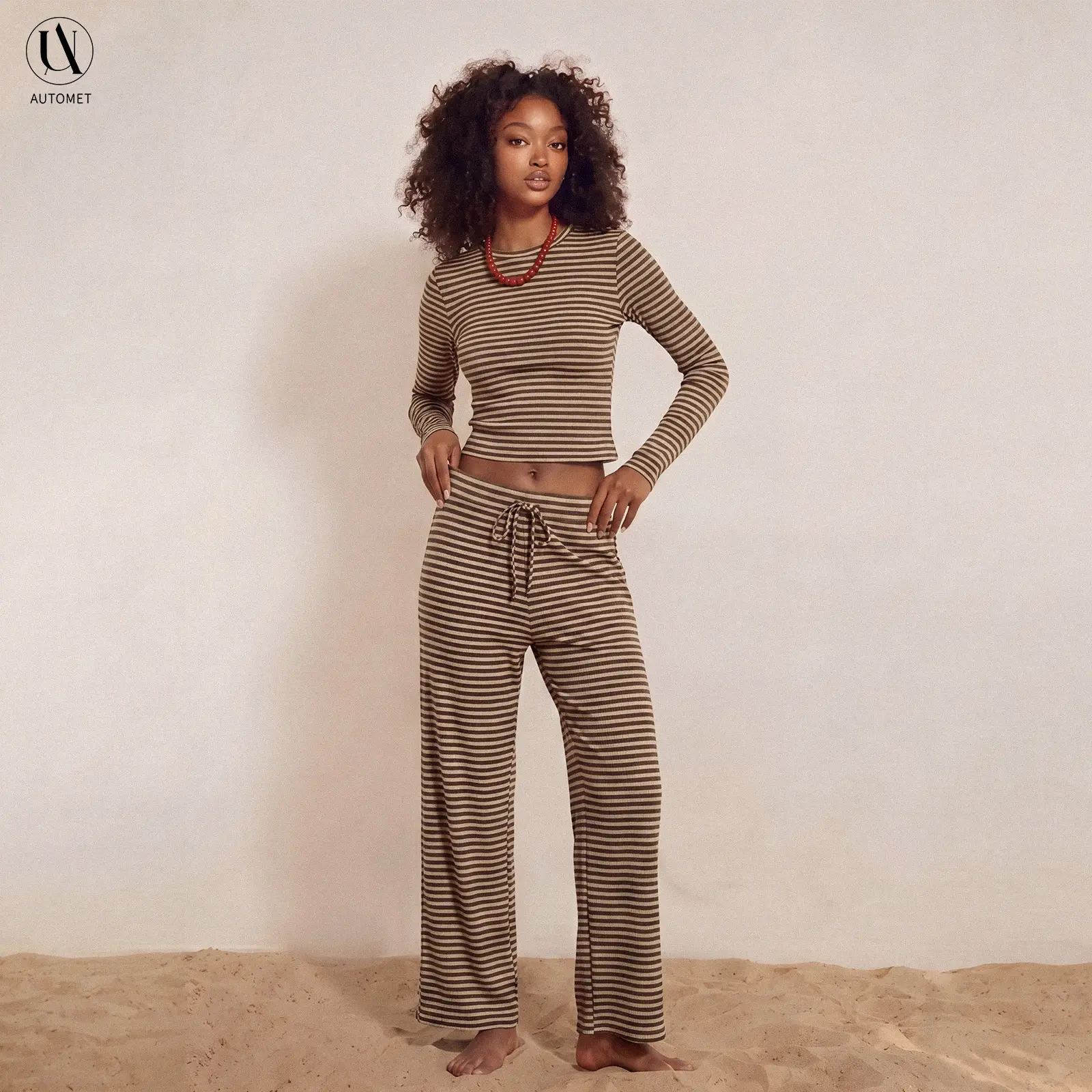AUTOMET Women's Casual Stripe 2-Piece Loungewear Set, Long Sleeve Top and Wide-Leg Drawstring Pants with Pockets, Two Piece Sets Women, Pajamas