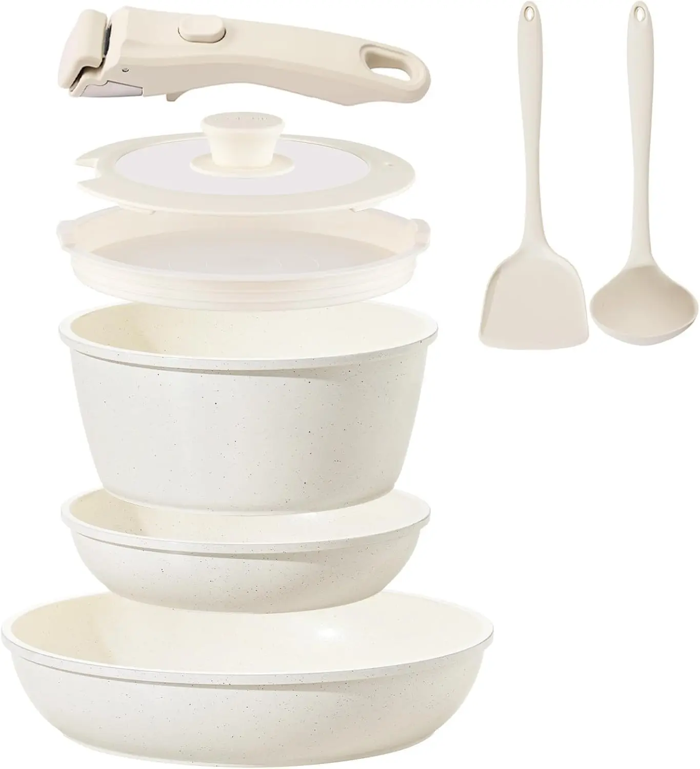 Ceramic Nonstick Cookware Set 8-Piece, Pots and Pans Set with Detachable Handle, Induction Compatible Kitchen Cooking Set, PFAS & PFOA Free, Cream White