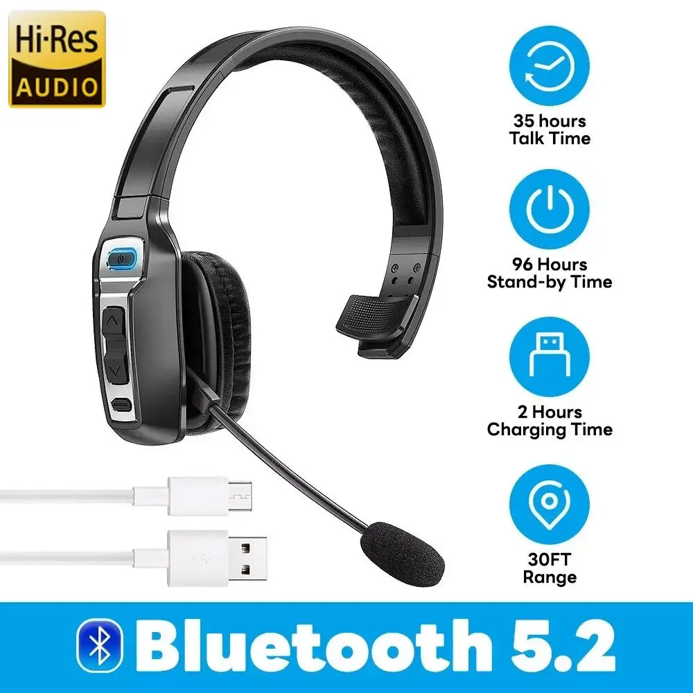 Wireless Headphone for Truckers with AI Filter Mic, Foam Padded Over-the-Head Headset, Dual Connection for PC & Phones on Highways, Adjustable, Headphones, Active Noise Cancellation, 99% Noise Reduction, Memory, Work Hours, All-Day Wearability, Ai Noise C
