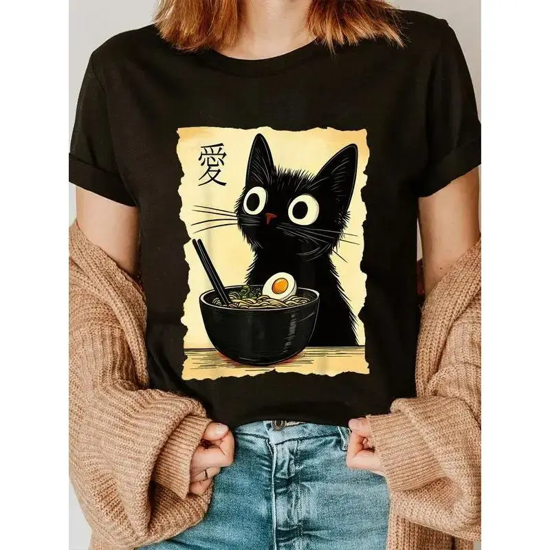 Men's 100% Cotton Printed Round Neck Streetwear T-Shirt - Funny Cat Ramen Graphic, Japanese Kawaii Anime Design, Casual Short Sleeve Top, Tshirt