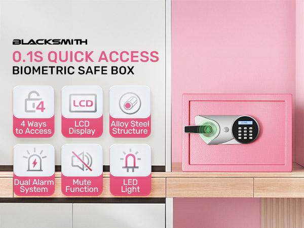 BlackSmith Home Biometric Safe 1.0 Cub Quick Access Fingerprint Lock Box With Keys Keypad Wall Mount Cabinet Safe Secure Money Jewelry with Fireproof Bag Mute Mode LED Light, Pink