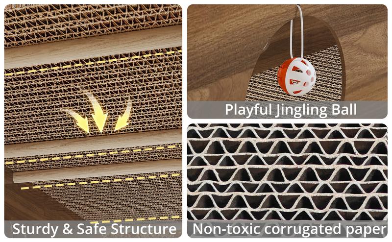 IRONCK Large Wooden Cat House & Scratcher with Ball Toy | Durable Pet Furniture for Indoor Cats, 2-in-1 Playhouse & Cat Bed