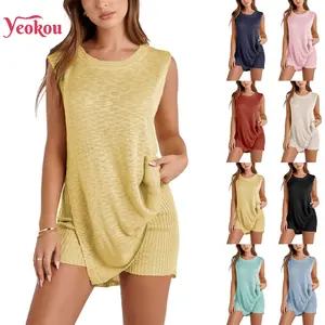 Yeokou Womens Beach 2 Piece Sets Knit Loungewear Crew Neck Pullover Casual Sleeveless Sweater Tank Top Shorts