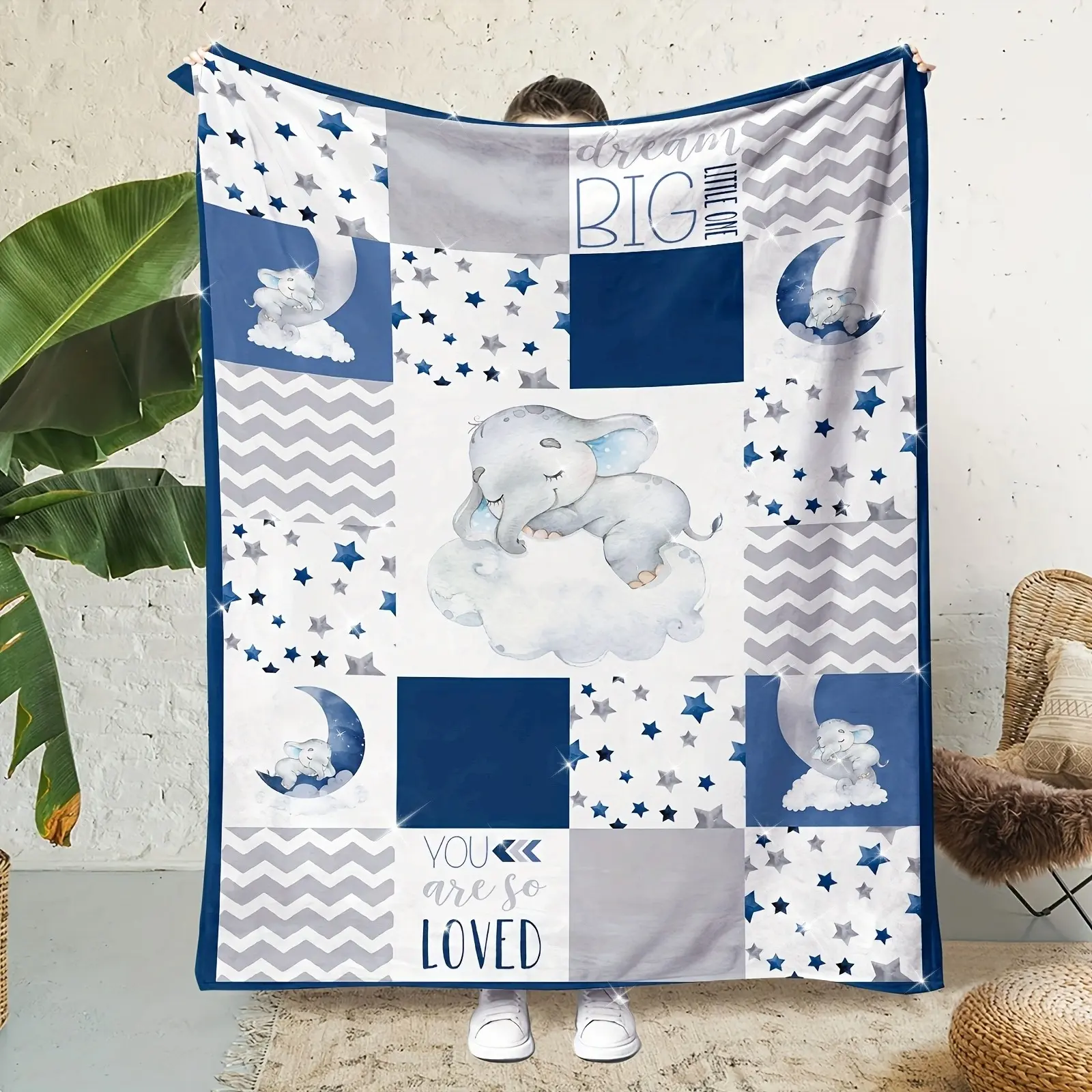 Dream Big Little One Baby Elephant Soft Cozy Flannel Blanket Blue Gray Star Moon Cloud Print Plush Throw Warm Fuzzy Nursery Crib Bed Blanket Perfect Baby Shower Birthday Gift for Newborn Toddler Boys Infant Kids Home Decor