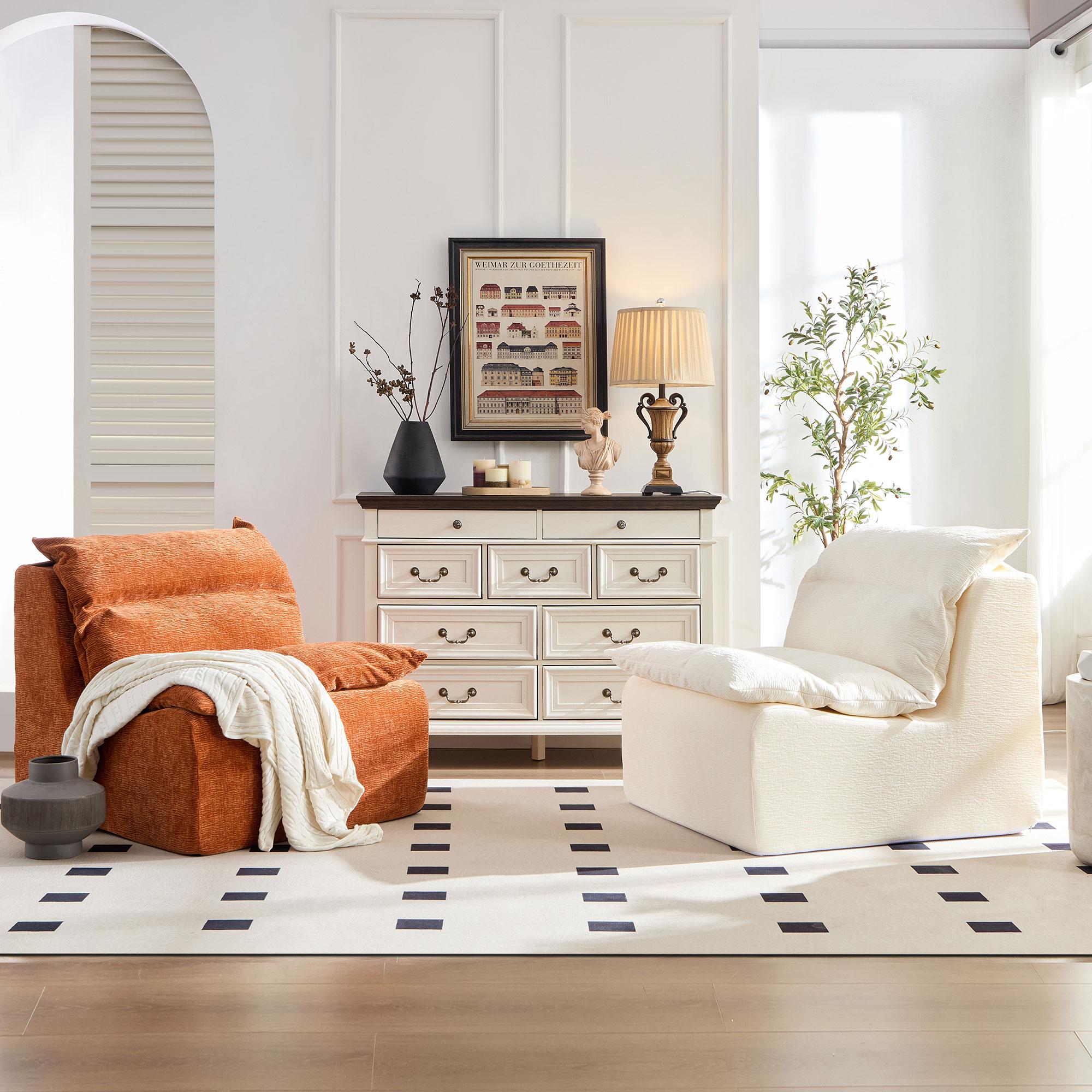 Niccae Single sofa chair/lounge chair with backrest, fully collapsible, suitable for living room and bedroom, made of polyester fiber, available in orange, beige, and green.