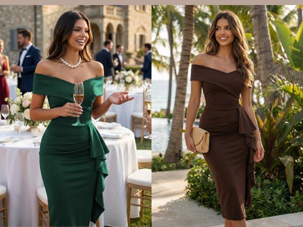 CurvySweet SDK0590A Elegant Sexy Off-Shoulder Bodycon Midi Dress with Side Slit & Ruffle Hem, Built-In Bra — Perfect for Valentine’s Day, Cocktail Parties, Wedding Guests & Evening Events