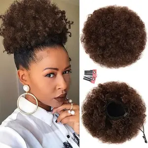Afro Puff Drawstring Ponytail Extension for Black Women, Medium Brown 80gram Short Synthetic Afro Puff Ponytail for Natural Hair, Clip On Kinky Drawstring Curly Ponytail Bun
