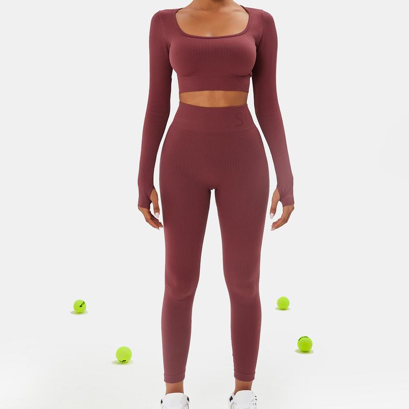 Women's Solid Seamless Long Sleeve Crop Top & Leggings Workout Exercise Tracksuit Set Active Set Ribbed Square Neck Tee & Yoga Pants Skinny Tummy Control Sports T-Shirt & High Rise Hip Lift Leggings Women's Sportswear for Gym Running Women's Solid Seamless Long Sleeve Crop Top & Leggings Workout Exercise Tracksuit Set Active Set Ribbed Square Neck Tee & Yoga Pants Skinny Tummy Control Sports T-Shirt & High Rise Hip Lift Leggings Women's Sportswear for Gym Running