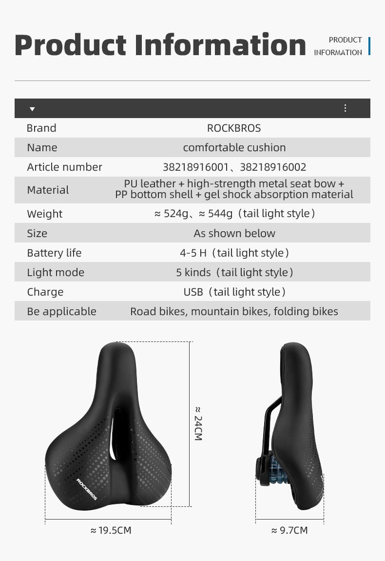 ROCKBROS Comfort Gel Bike Seat Breathable Waterproof Saddle Cruiser/Mountain/Fat Bikes