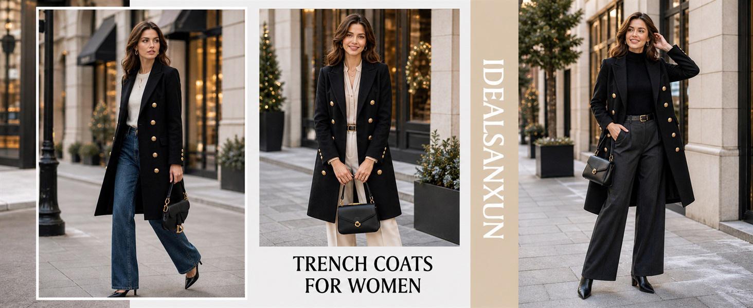 Design detail of Women's Fitted Wool-Blend V-Neck Long-Sleeve Trench Coat with a double-breasted front
